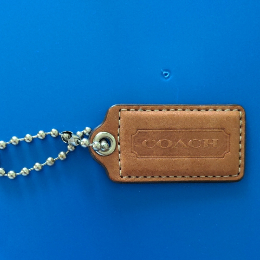 Coach Tan Leather Key Tag with Ball Chain Accent